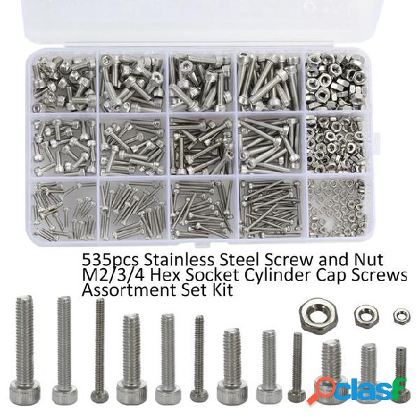 535pcs stainless steel screw + nut m2/3/4 hex socket