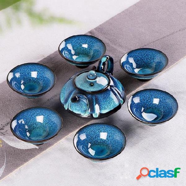 7 pieces ceramic blue fambe glaze kongfu tea set jianzhan