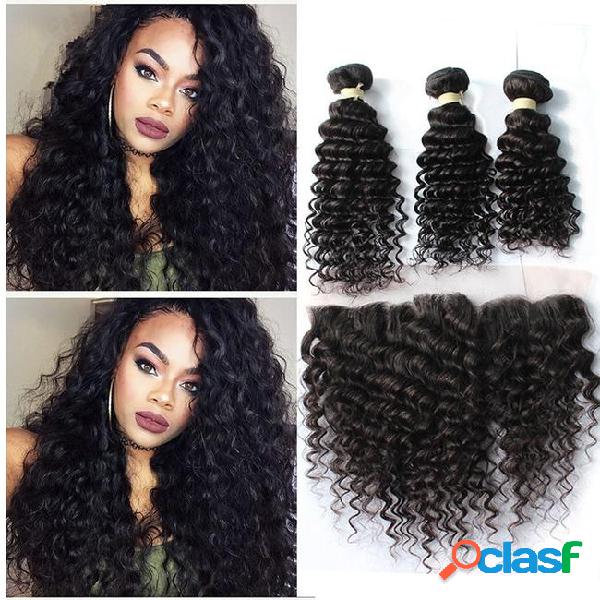 8a indian deep curly hair with lace frontal closure 4pcs lot