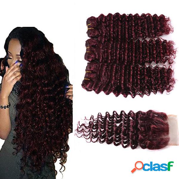 99j deep wave hair bundles with lace closure human burgundy