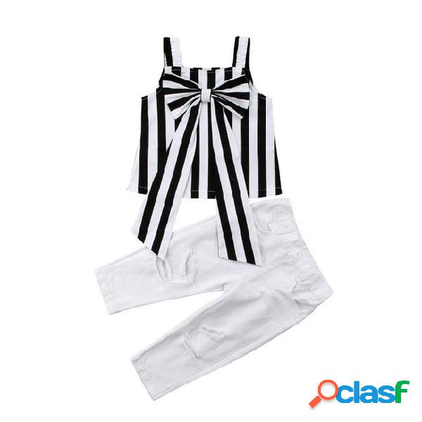 Baby girl outfits 2pcs stripe suspender tops+hole pants