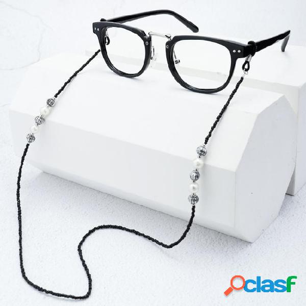 Black acrylic beads pearl silver chain eyeglasses cord