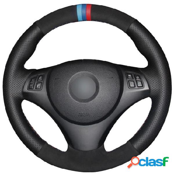 Black leather black suede car steering wheel cover for bmw
