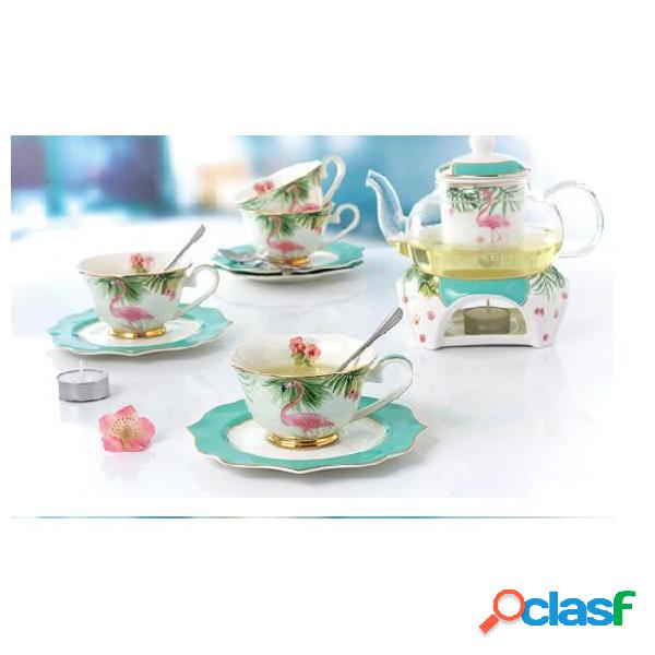 Blue red flamingo heatable tea set ceramic teaware set glass