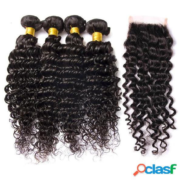 Brazilian deep wave curly hair 3 bundles and closure 10-26
