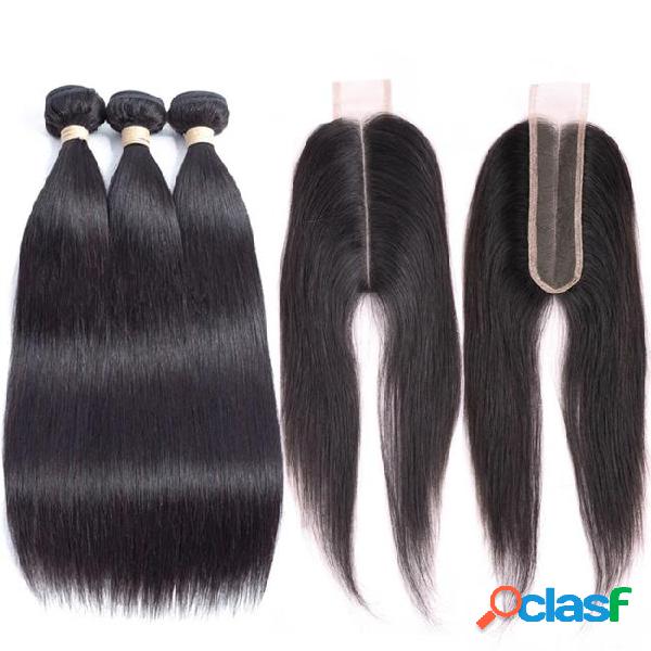 Brazilian virgin hair straight 3 bundles with closure middle