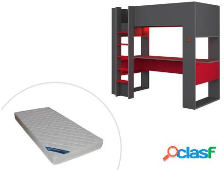 Cama VENTE UNIQUE Noah (Gris, Rojo - Madera - 90x200 cm)