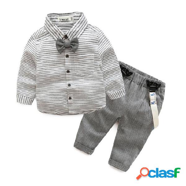 Children clothing gentleman grey striped shirt+overalls