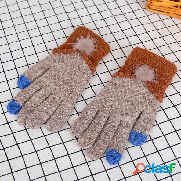 Classic fur ball ladies knit gloves winter warm student