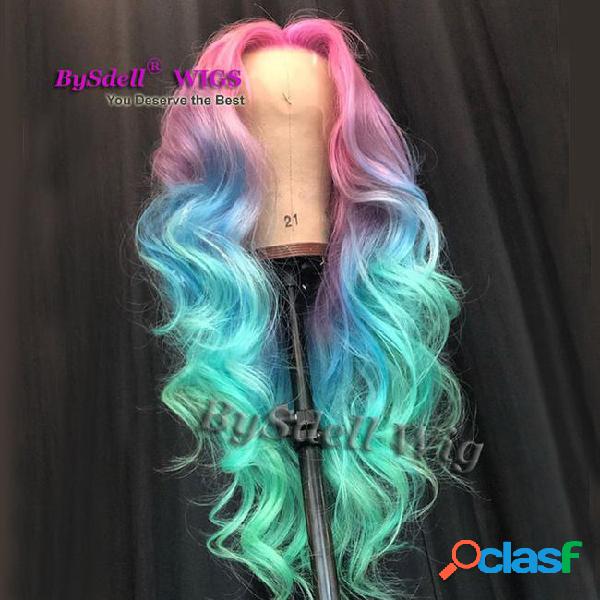 Colored hair wigs synthetic long loose wave ombre pink blue