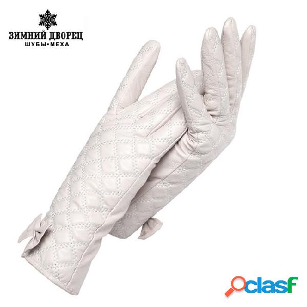 Creamy-white leather women gloves,floral,genuine