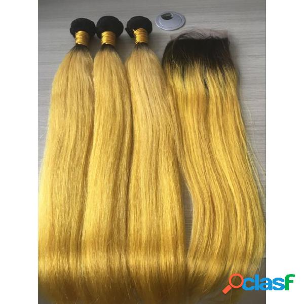 Dark root yellow straight ombre human hair weave 3 bundles