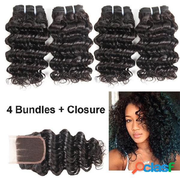 Deep curly wave 4 bundles with closure 4*4 three part lace