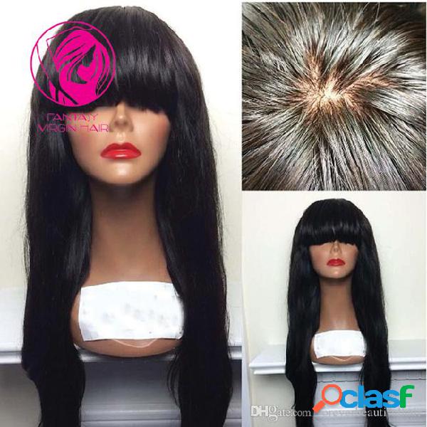 Fantasy silk straight lace front human hair wigs with bangs