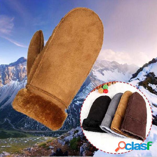 Faux sheepskin thermal mittens gloves fur trim suede leather