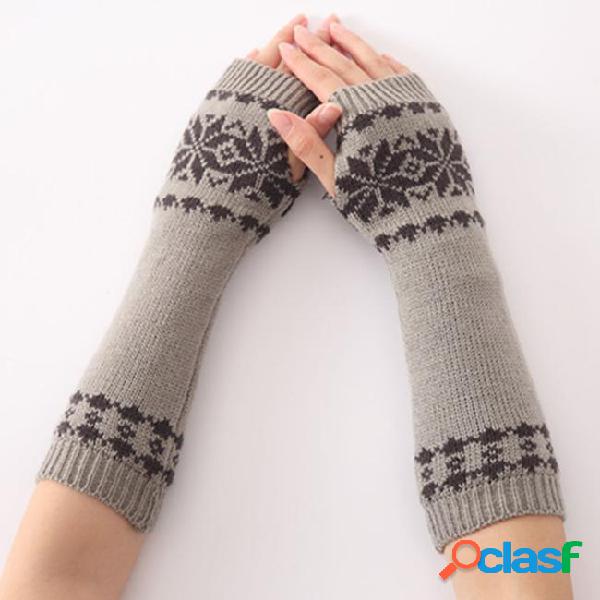 Fingerless knit winter warm gloves girls snow pattern for