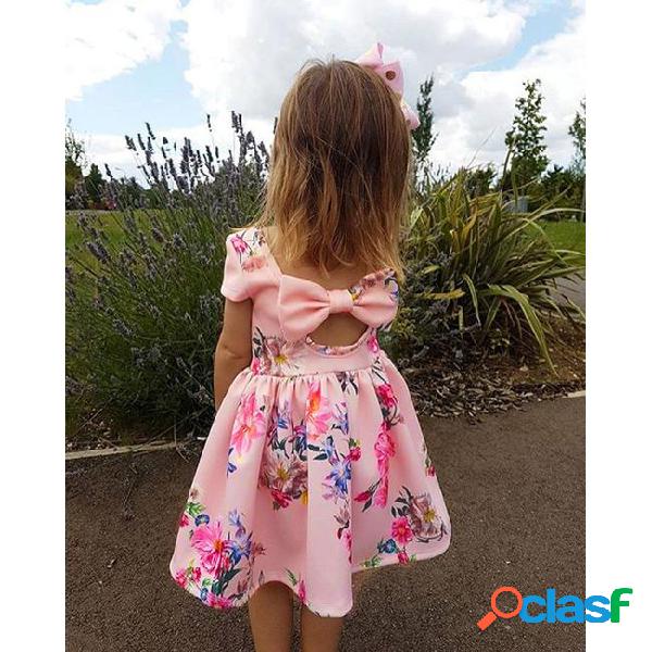 Girls floral printed dress hollowed back big bow baby girls