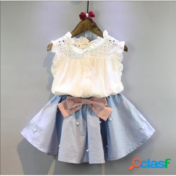Girls summer suit hollowed shirt dress with beads bow baby