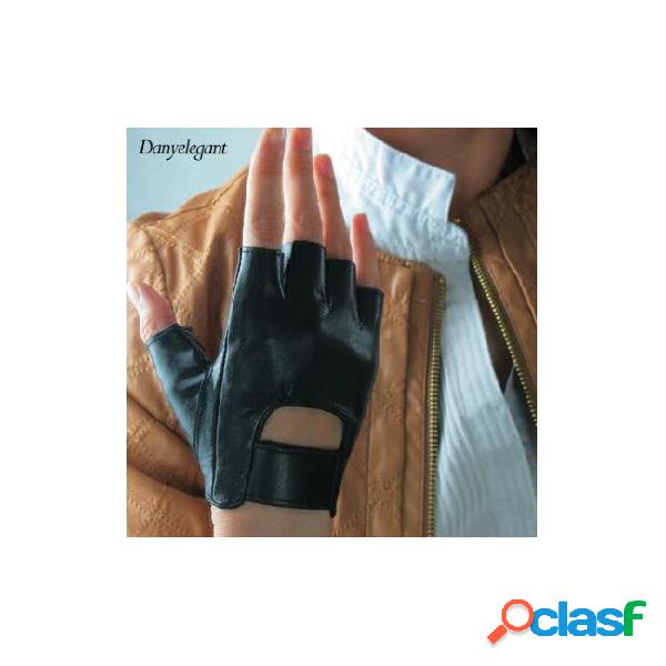 Gloves genuine pure sheepskin leather black semi-finger