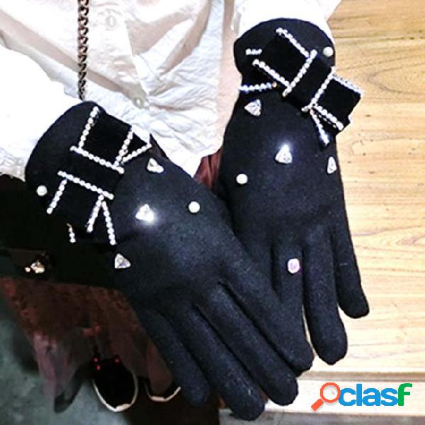 Gloves winter women rhinestone bowknot mittens touch screen