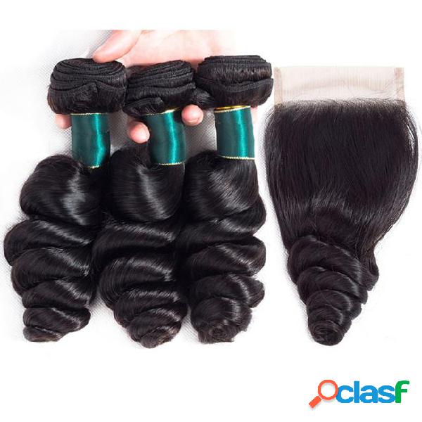 Grade 10a loose wave human hair 3 bundles with 4x4 lace