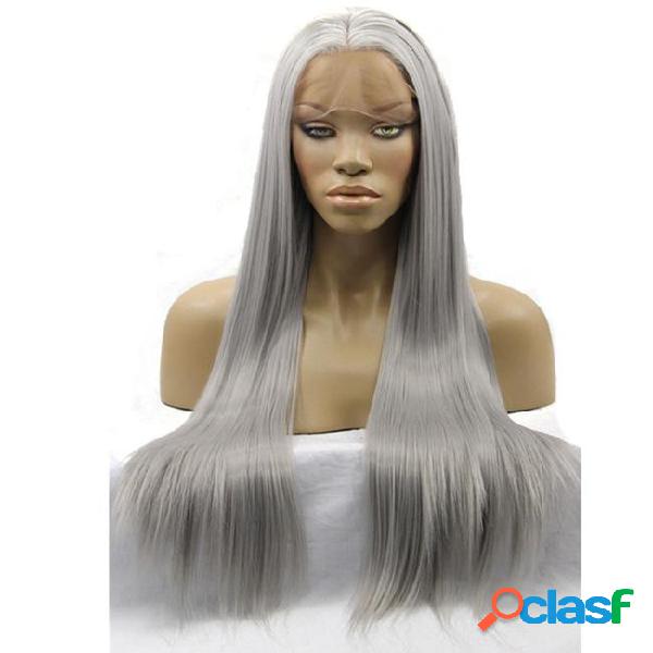 Hand tied natural long silky straight silver grey color high
