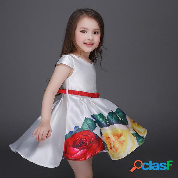 Hot new children girls dress rose floral print ball gown