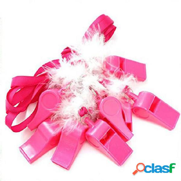 Hot pink plastic whistles with threaded strap hen party