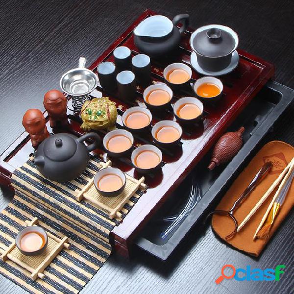 Hot sale yixing ceramic kung fu set solid wood tray teapot