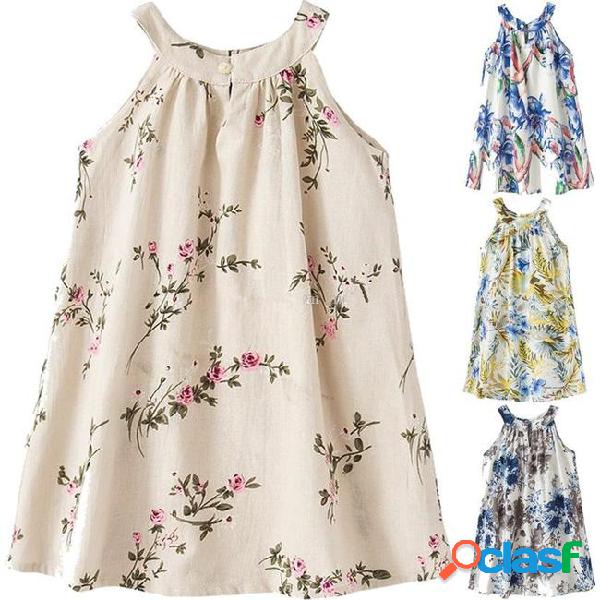 Kids girl linen vest dress for 1-7t baby summer flower print
