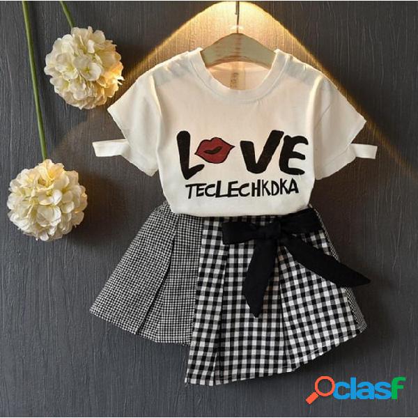 Kids girls outfits love printed children shirts plaid skirt