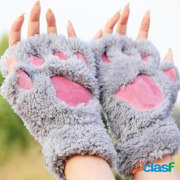 Ladies winter fingerless gloves,fluffy bear cat plush claw