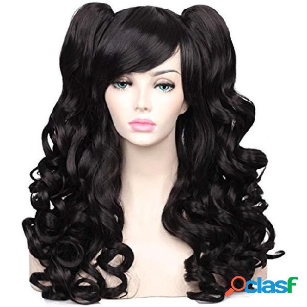 Long curly hair care cosplay wig with 2 ponytails(black)