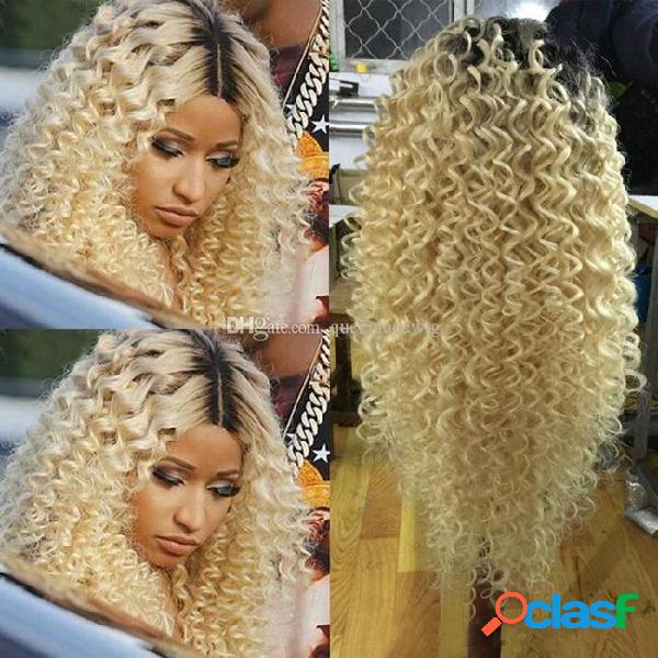Long kinky curly synthetic lace front wigs blonde with dark
