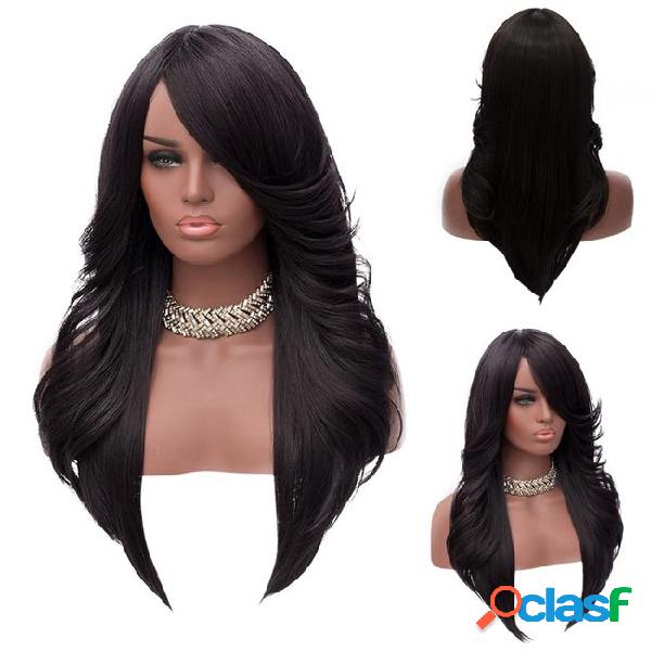 Long side bang feathered straight synthetic wig natural