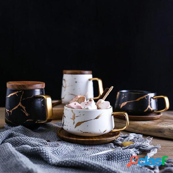 Luxury matte ceramic marble tea coffee cups and with wood