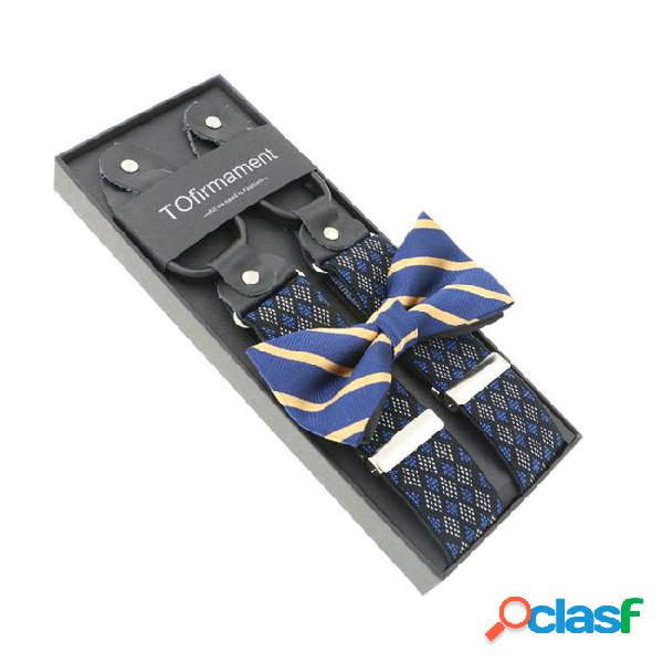 Novelty grid printed suspenders bowtie set men 6 buttons