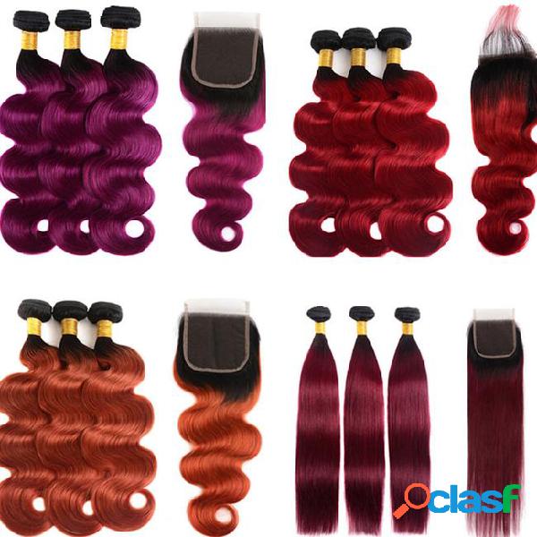 Ombre brazilian hair weaves with 4x4 lace closure human hair