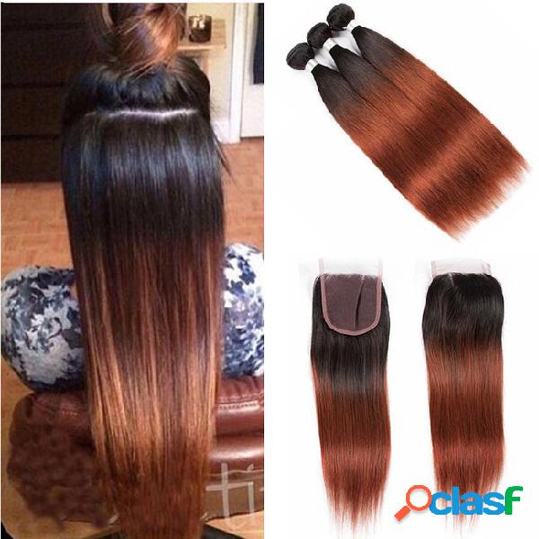 Ombre brazilian straight human hair 3/4 bundles with 4x4