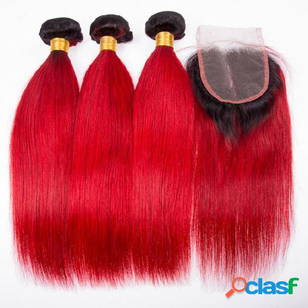 Ombre color red silky straight 3 bundles virgin hair weaves