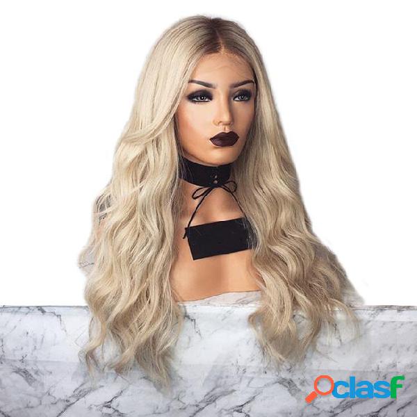 Ombre light blonde lace front wig with brown roots long wavy