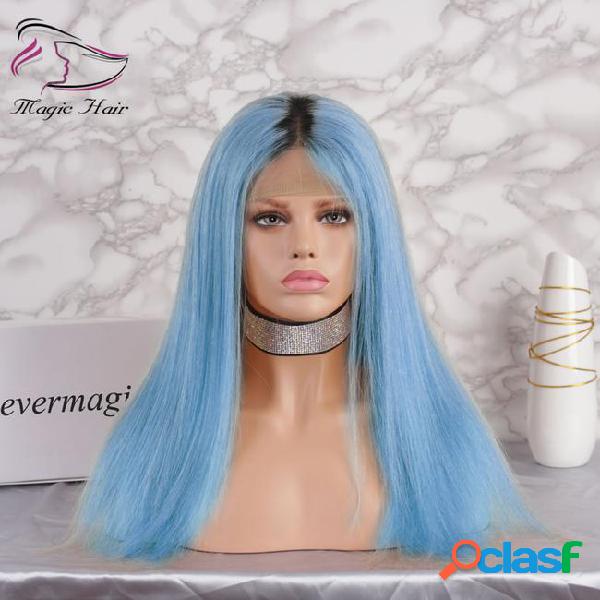 Ombre light blue glueless full lace human hair wigs with