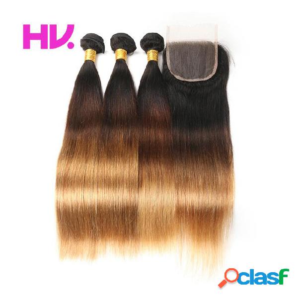 Ombre malaysian straight human hair bundles with 4*4 lace