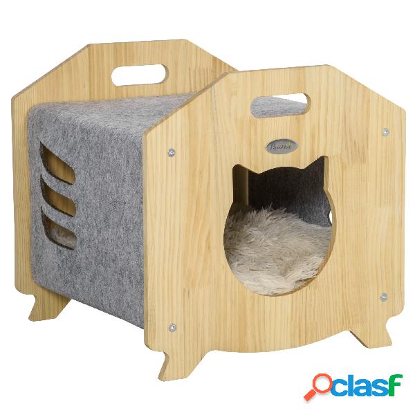 PawHut Cama Cueva de Gatos de Madera y Fieltro Casa para