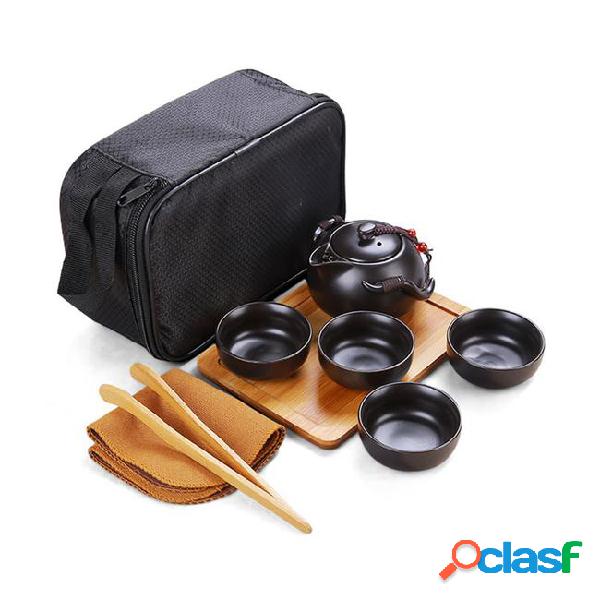 Portable travel kung fu tea set with handmade ceramic teapot