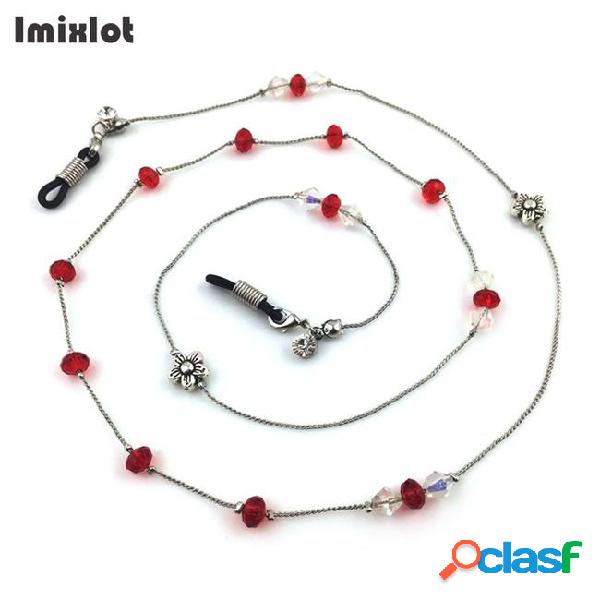 Red crystal beads charm silver metal eyeglass chains