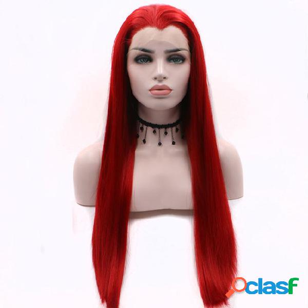 Red synthetic lace front wig long straight glueless