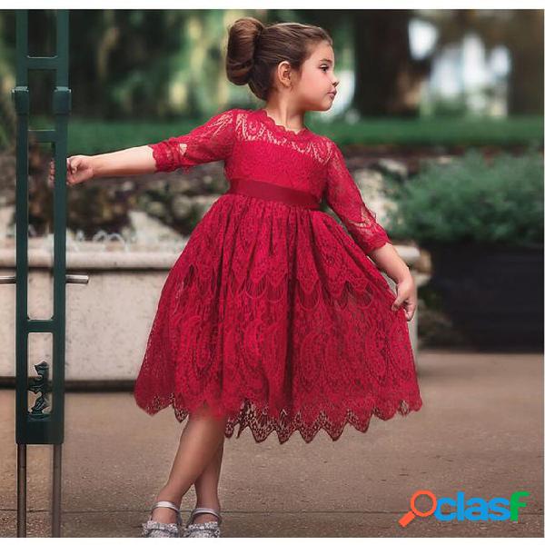 Retail 4 colors red baby girls hollow lace princess dress