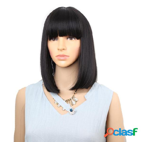 Straight black synthetic wigs with bangs for women medium