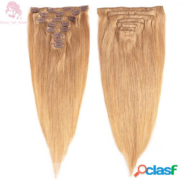 Straight full head clip in human hair extensions 14